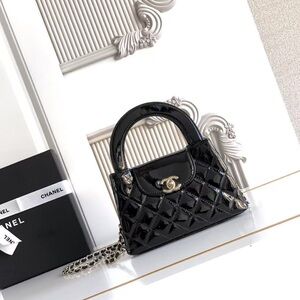CHANEL Black Patent Quilted Mini Top-Handle Bag with Chain